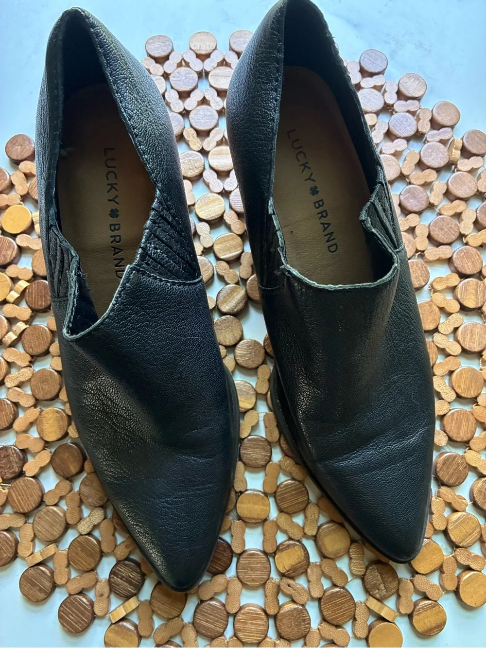 Lucky Brand Black Pointed-Toe Leather Slip-On Booties